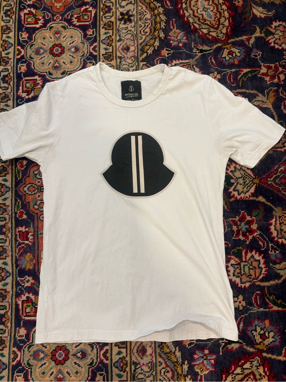 Moncler White Short-Sleeve Tee with Black Logo Emblem
